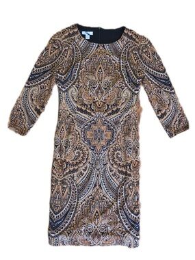 London Times Tan & Black Paisley Print Long Sleeve Midi Knee Length Sheath Dress